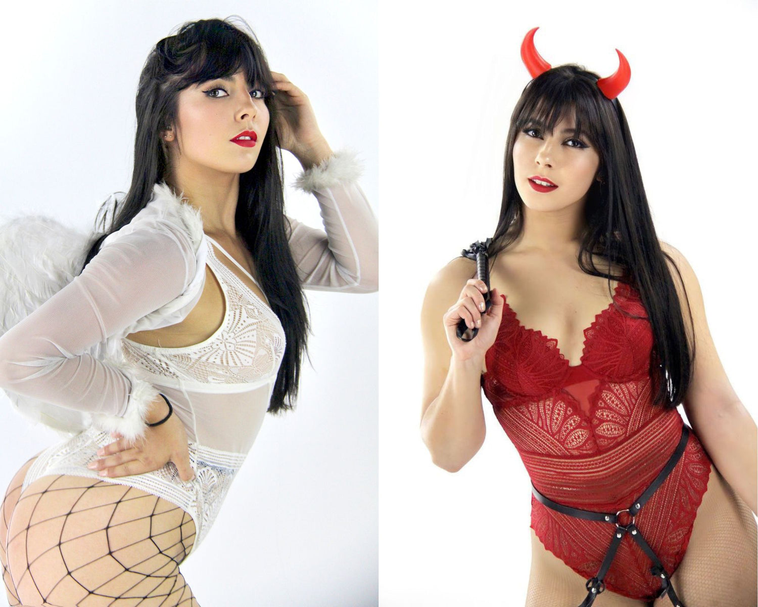 Photo-montage d'une artiste de NA Events, en costume blanc(gauche) et en tenue type diablesse (droite) pour une animation striptease à domicile lors d'un EVG.