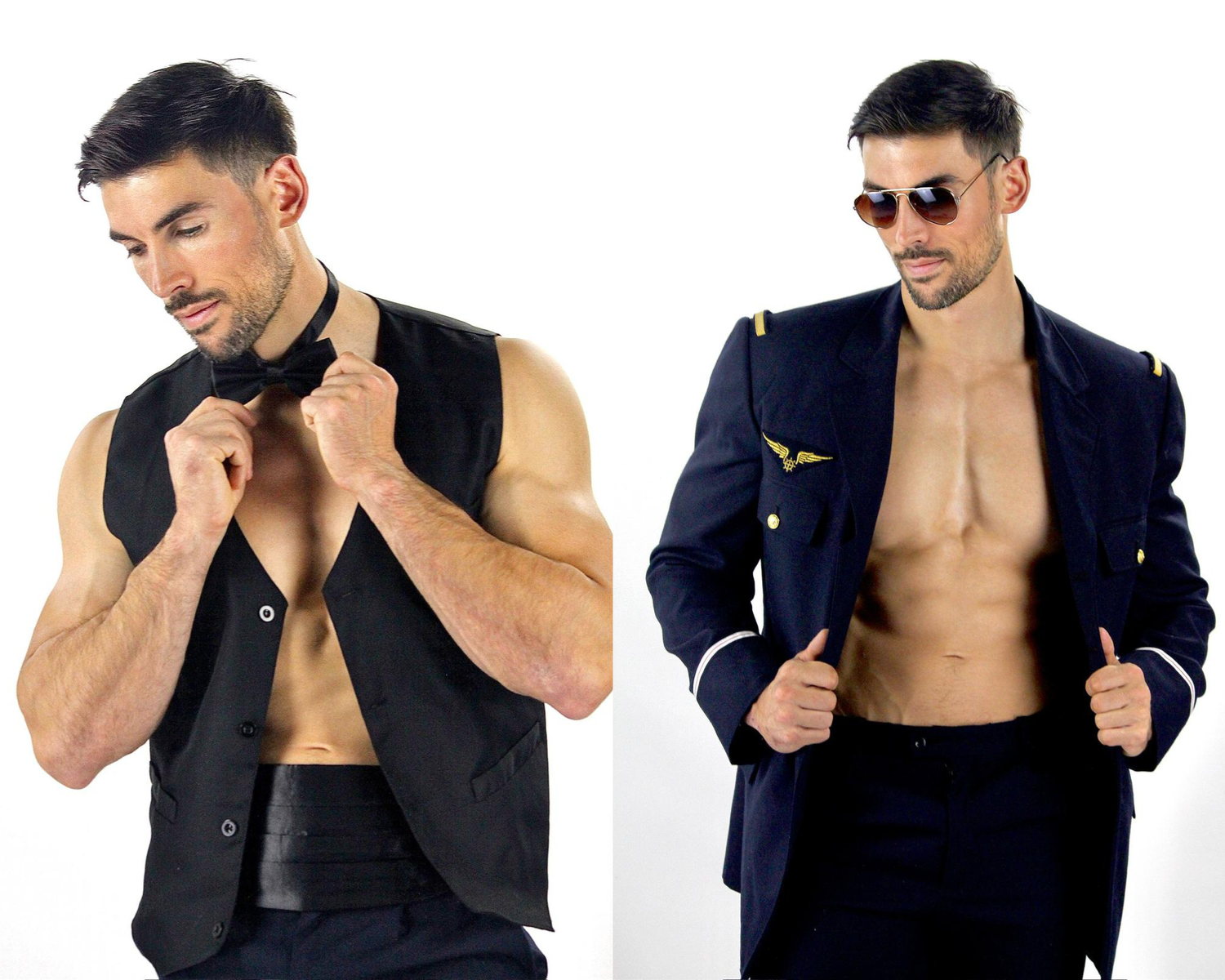 Photomontage de deux photos d'un artiste masculin à la musculature développée pour prestation de gogo, show gogo, striptease, EVJF, ou striptease à domicile.