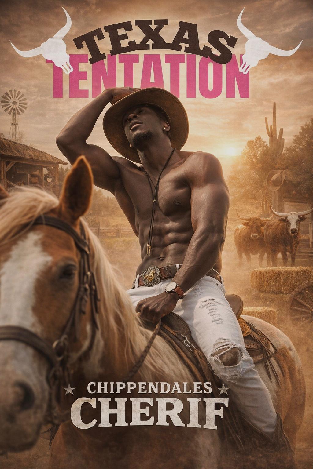 Un artiste chippendale de l'agence NA Events en tenue de cowboy sur un cheval.