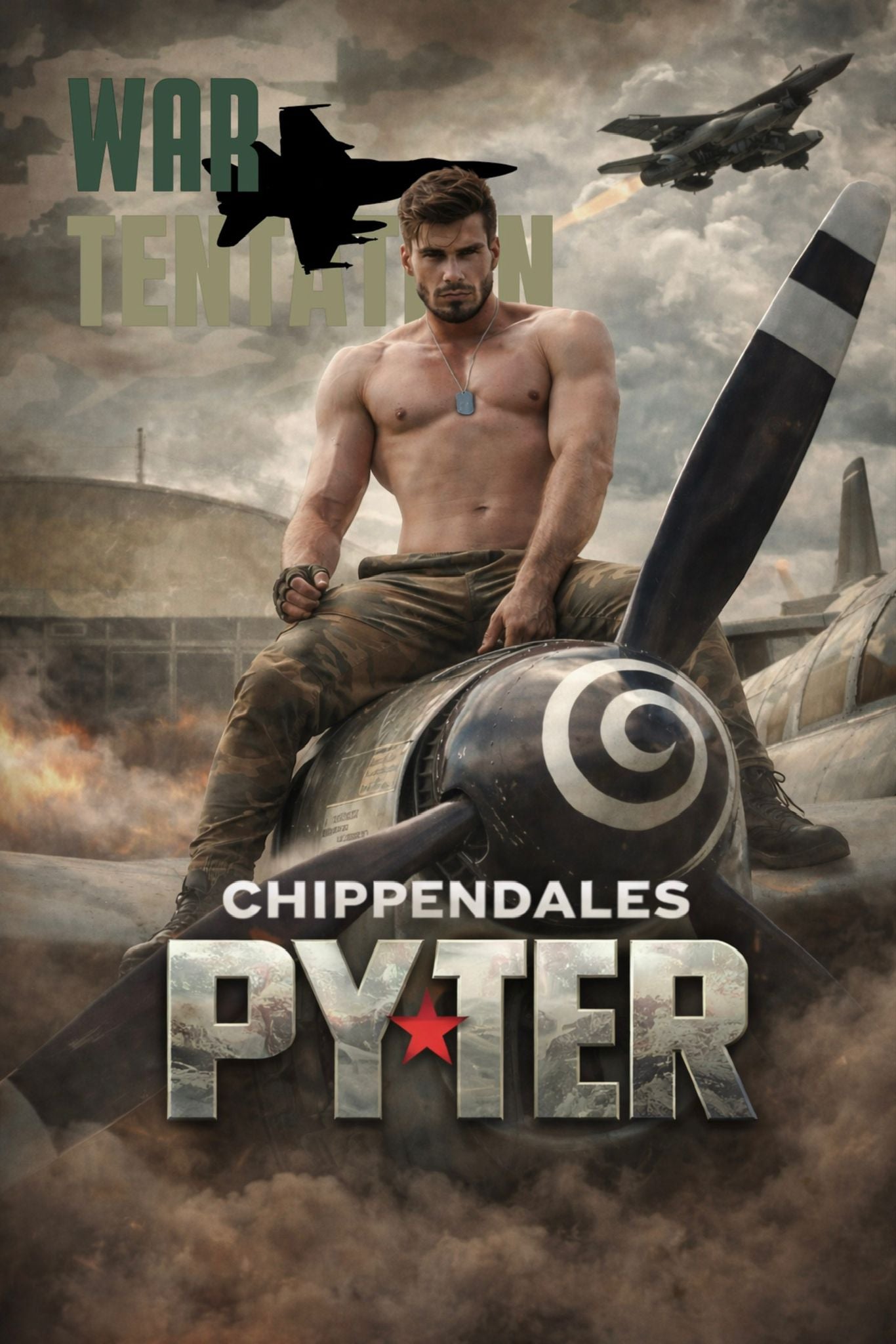 Un artiste chippendale de l'agence NA Events en tenue militaire assis sur le devant d'un avion.