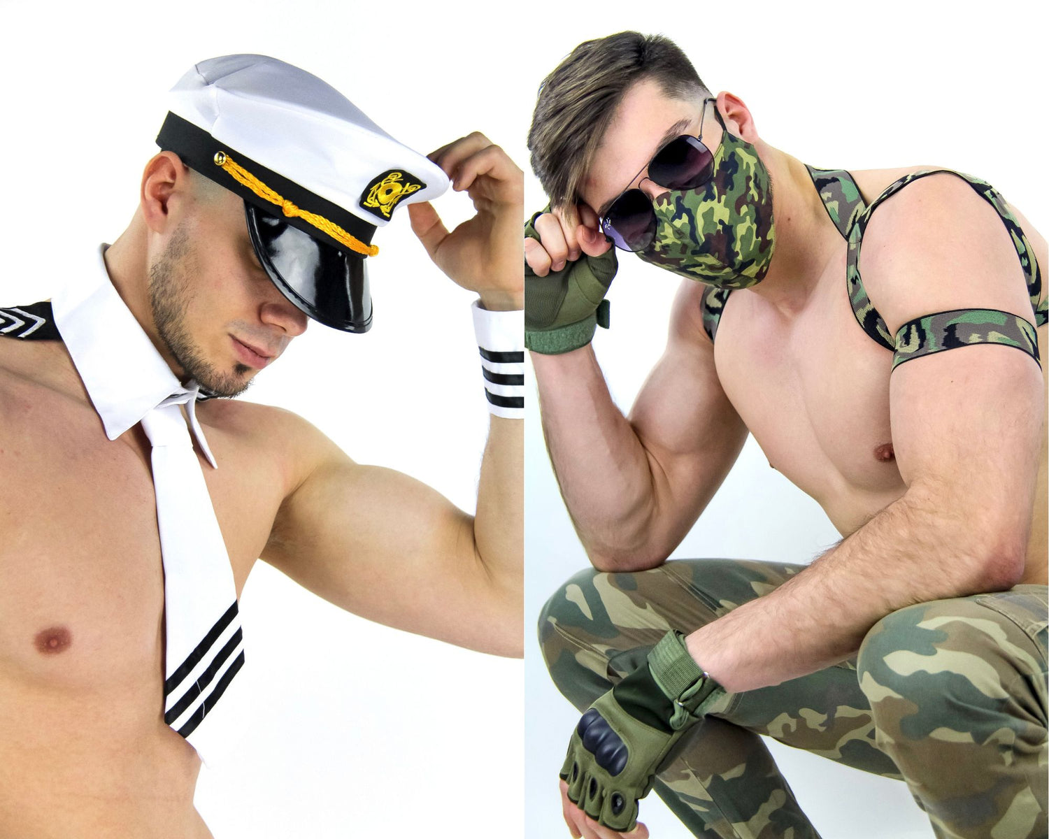 Photo-montage d'un artiste de NA Events, en costume de pilote (gauche) et en tenue militaire (droite) pour une animation show gogo ou striptease lors d'un EVJF.