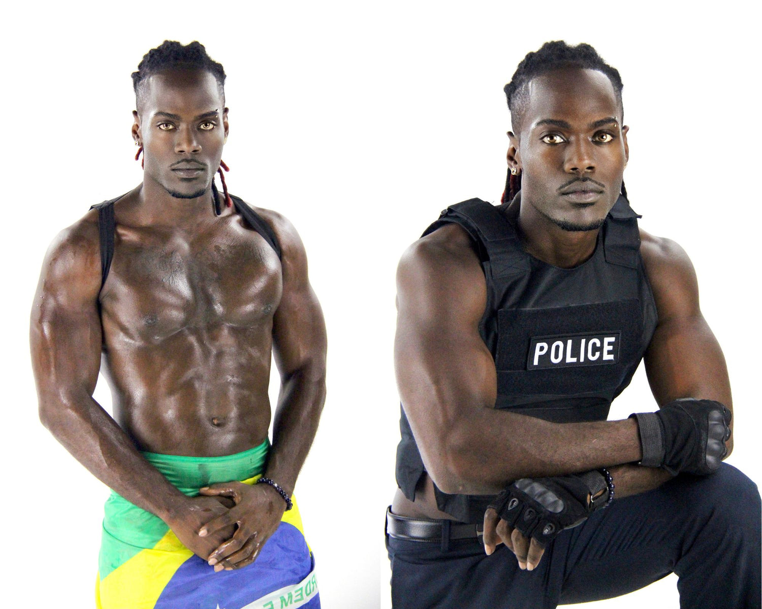 Photo-montage d'un artiste de NA Events, torse nu (gauche) et en tenue policier (droite) pour une animation striptease à domicile lors d'un EVJF.