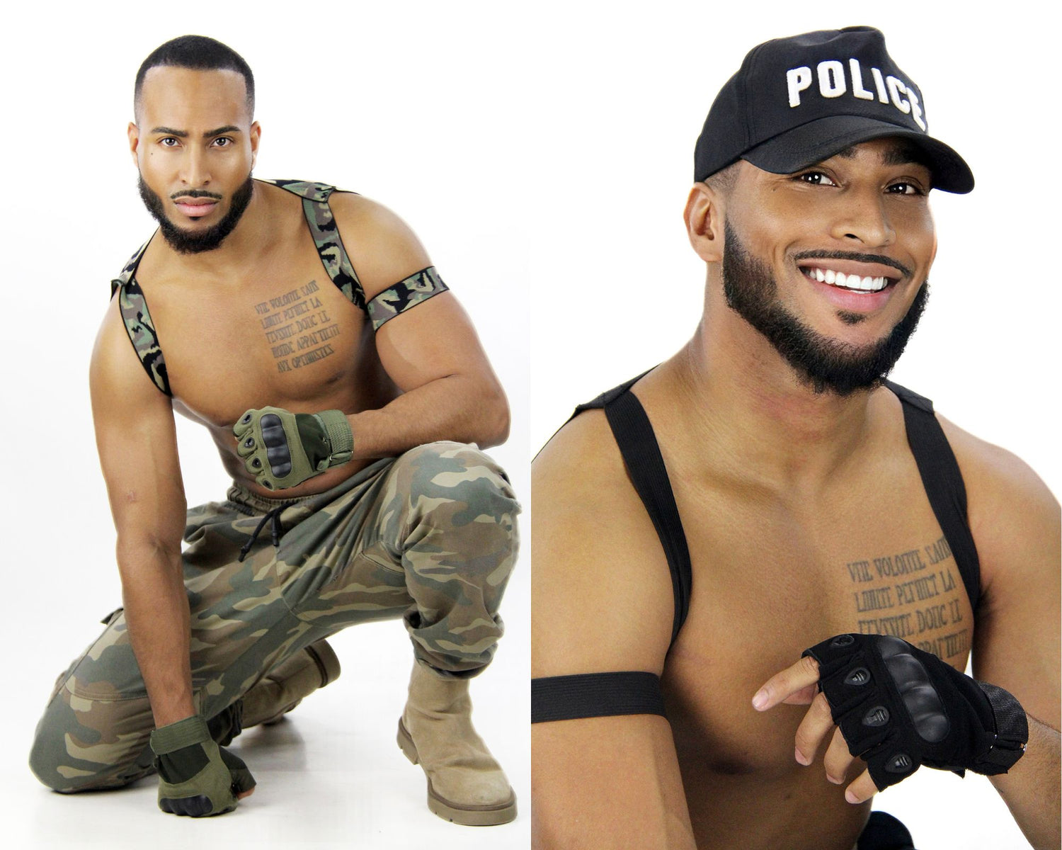 Photo-montage d'un artiste de NA Events, en costume de policier torse nu avec casquette (droite) et en tenue militaire torse nu (droite) pour une animation striptease lors d'un EVJF.