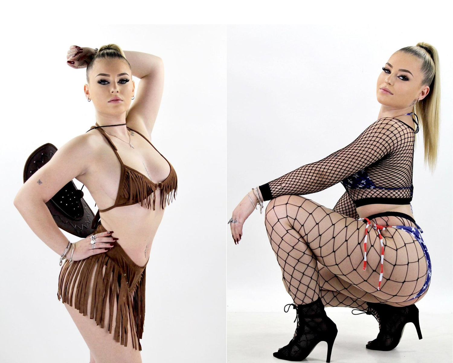 Photo-montage d'une artiste blonde de NA Events, en costume de cow-girl avec franges (gauche) et en tenue drapeau américain avec résille (droite) pour une animation gogo en club.