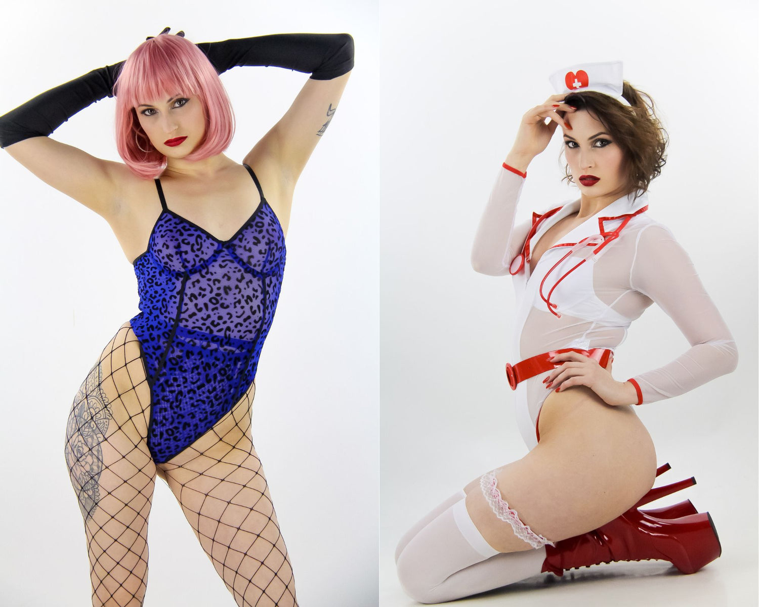 Photo-montage d'un artiste de NA Events, en tenue sexy avec perruque rose (gauche) et en tenue infirmière (droite) pour une animation show gogo ou striptease lors d'un EVJF.