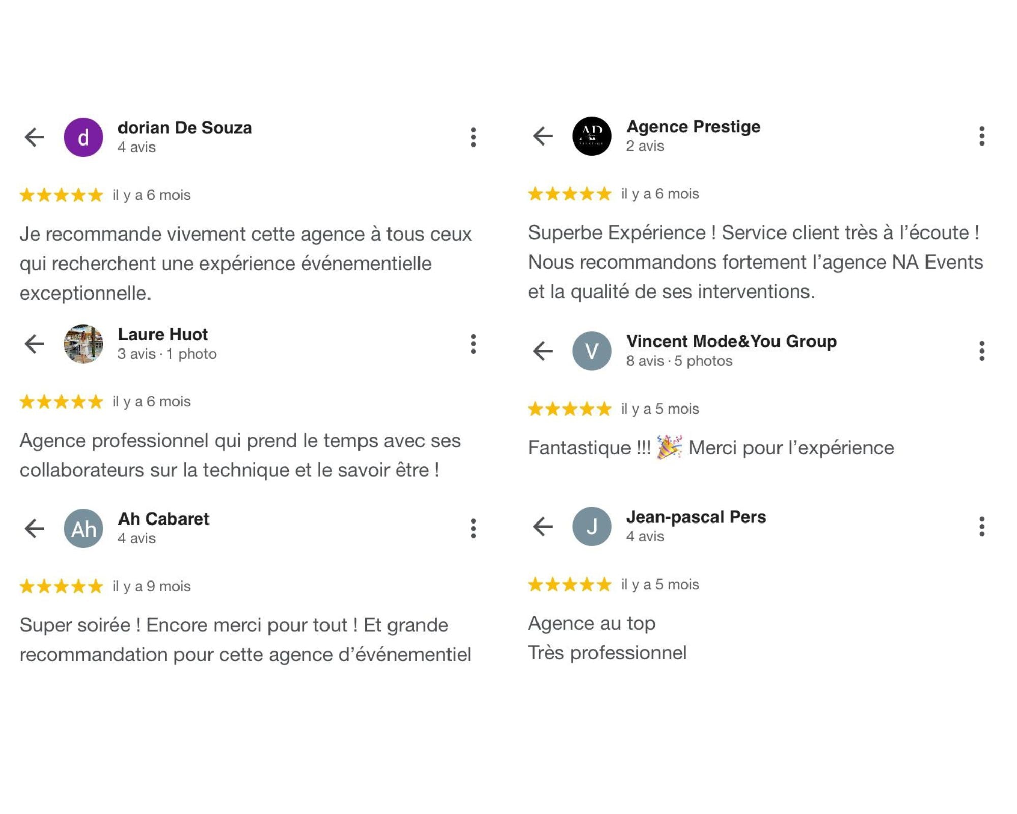 Photo montage regroupant plusieurs avis clients concernant l'agence NA Events.
