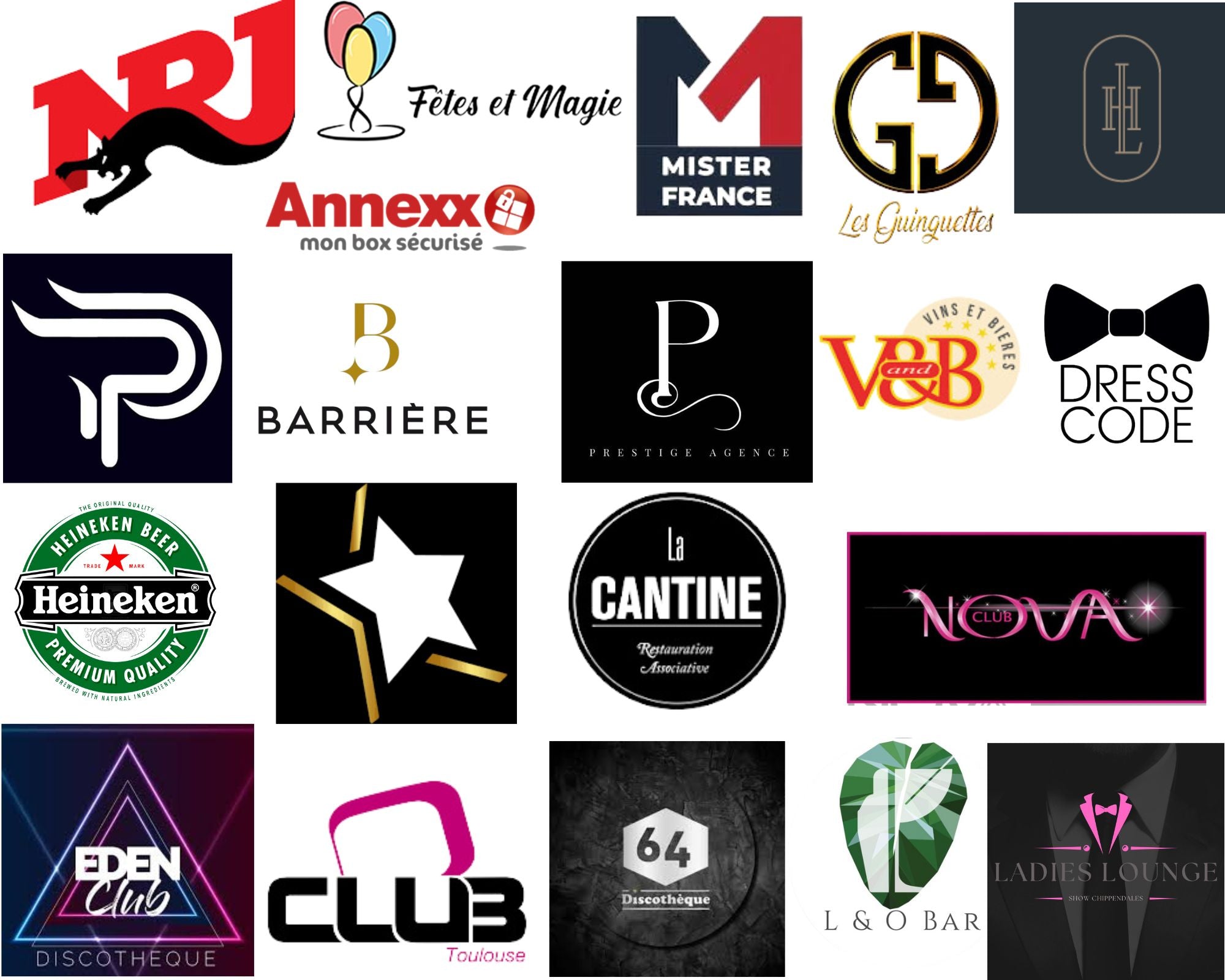 Photo montage de plusieurs partenaires et collaborateurs professionnels qui ont fait confiance à l'agence NA Events pour l'animation de leurs soirées et événements.