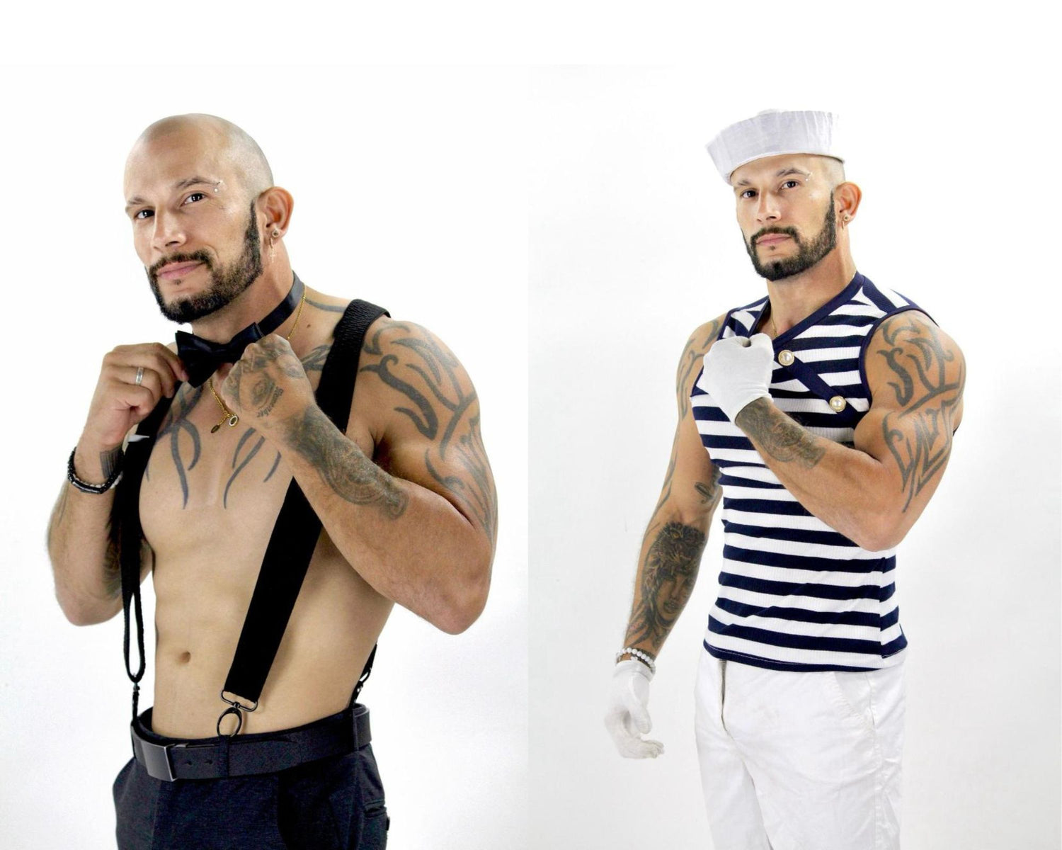Photo-montage d'un artiste performeur musclé de NA Events, en costume élégant avec nœud papillon (gauche) et en tenue de marin (droite) pour un show striptease masculin ou EVJF.