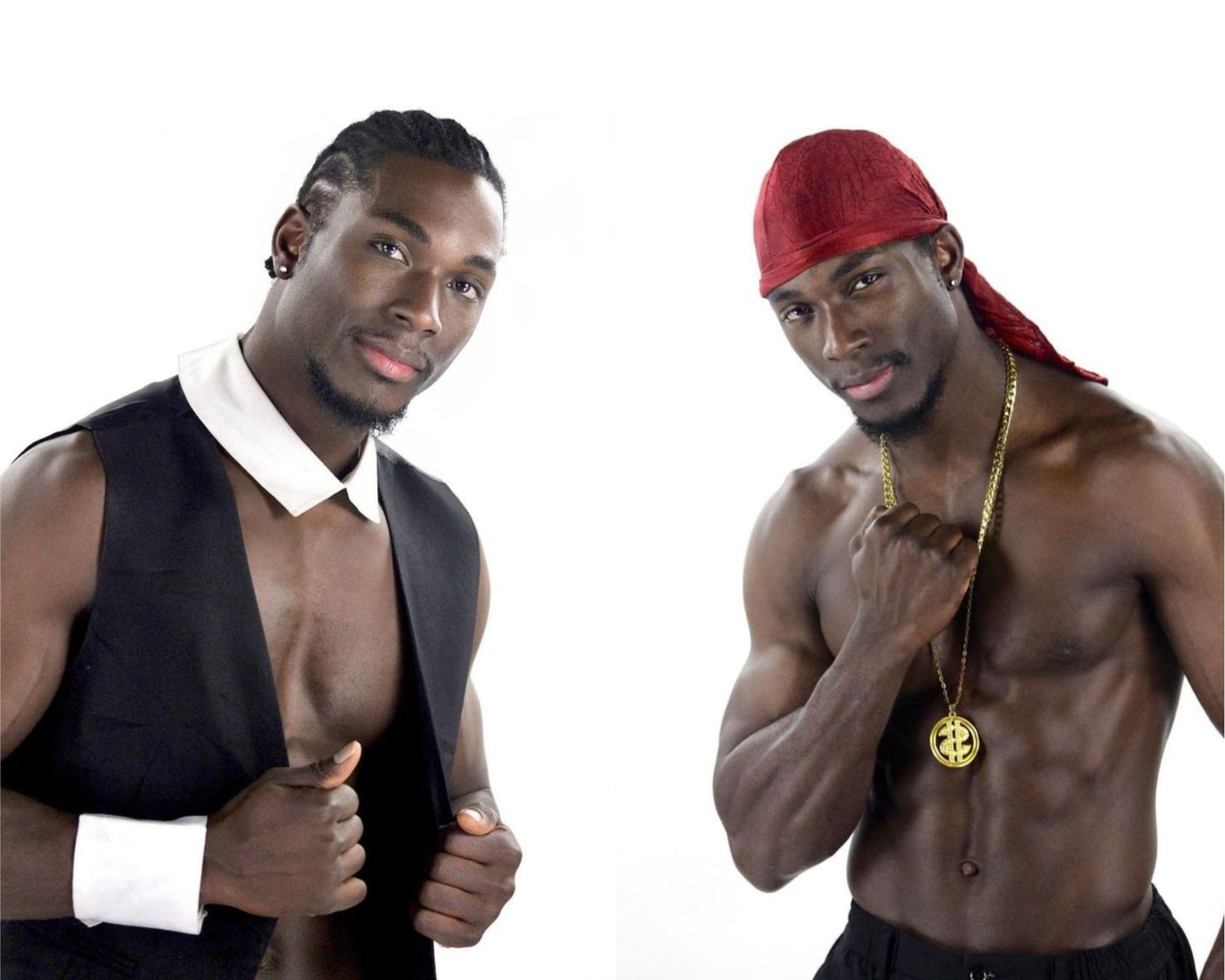 Photo-montage d'un artiste performeur musclé Afro-descendant de NA Events, avec nattes et gilet de costume (gauche) et torse nu avec durag rouge et chaîne signe Dollar (droite) pour show striptease masculin ou gogo.