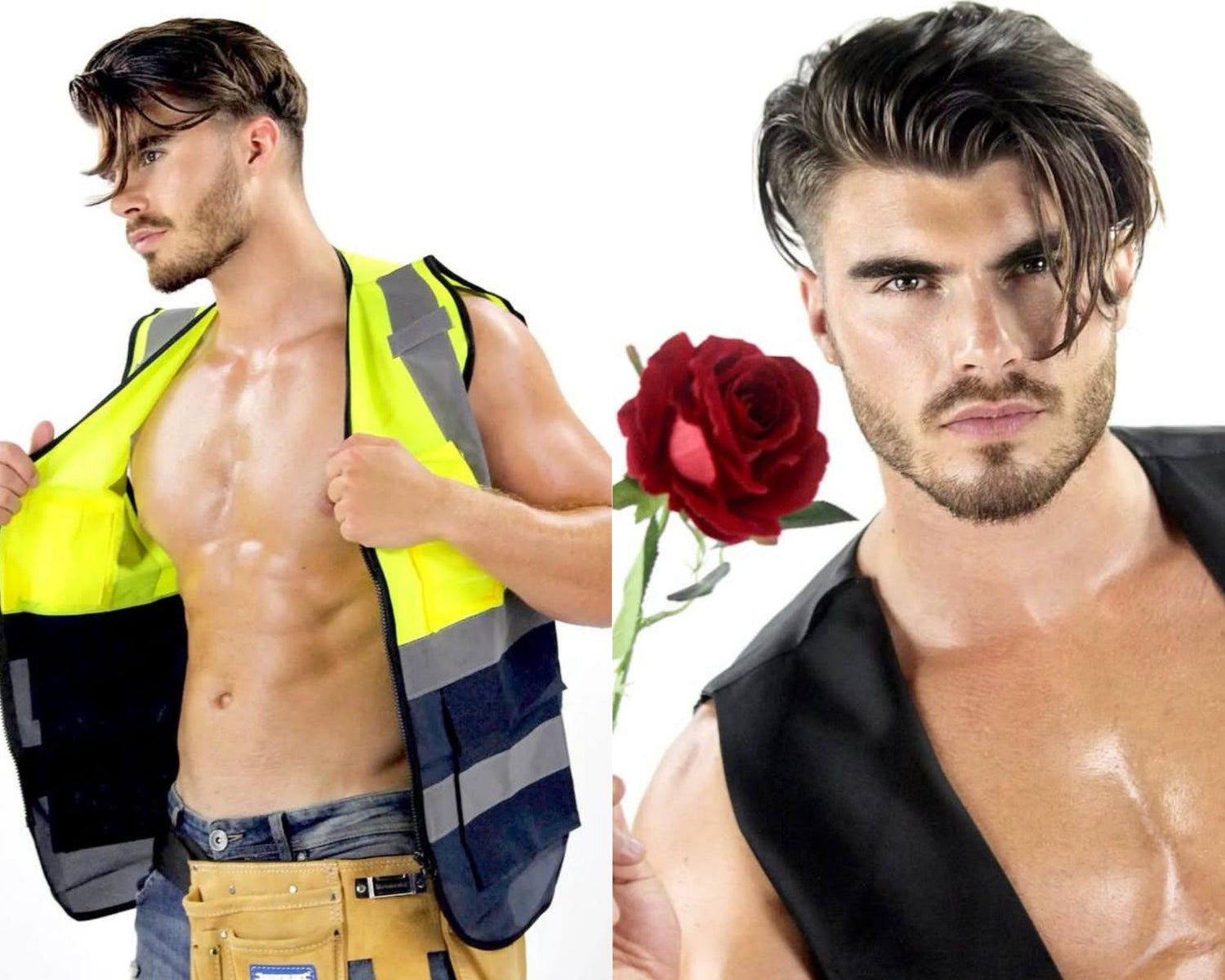 Photo-montage d'un stripteaseur masculin de NA Events, posant avec une rose rouge (droite) et en costume d'ouvrier avec gilet de sécurité (gauche) pour enflammer un EVJF.