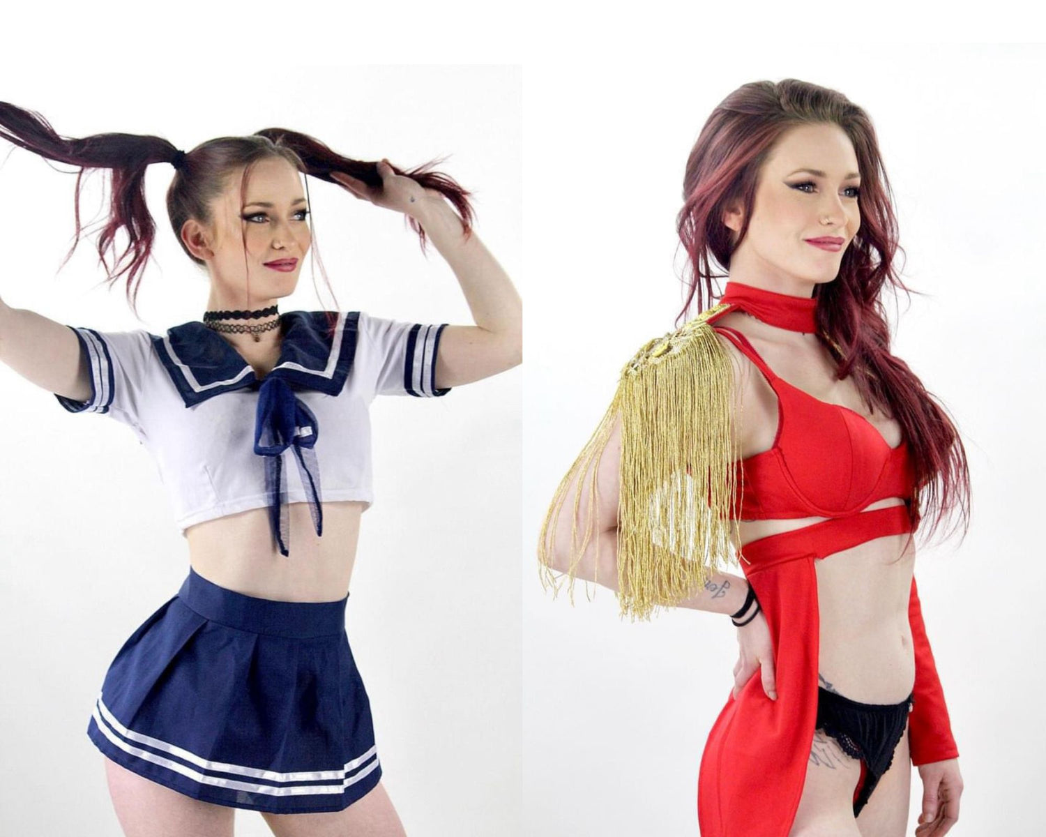 Photo-montage d'une artiste performeuse de NA Events, en costume d'écolière (gauche) et en tenue rouge glamour avec épaulettes dorées (droite) pour un show gogo ou striptease.